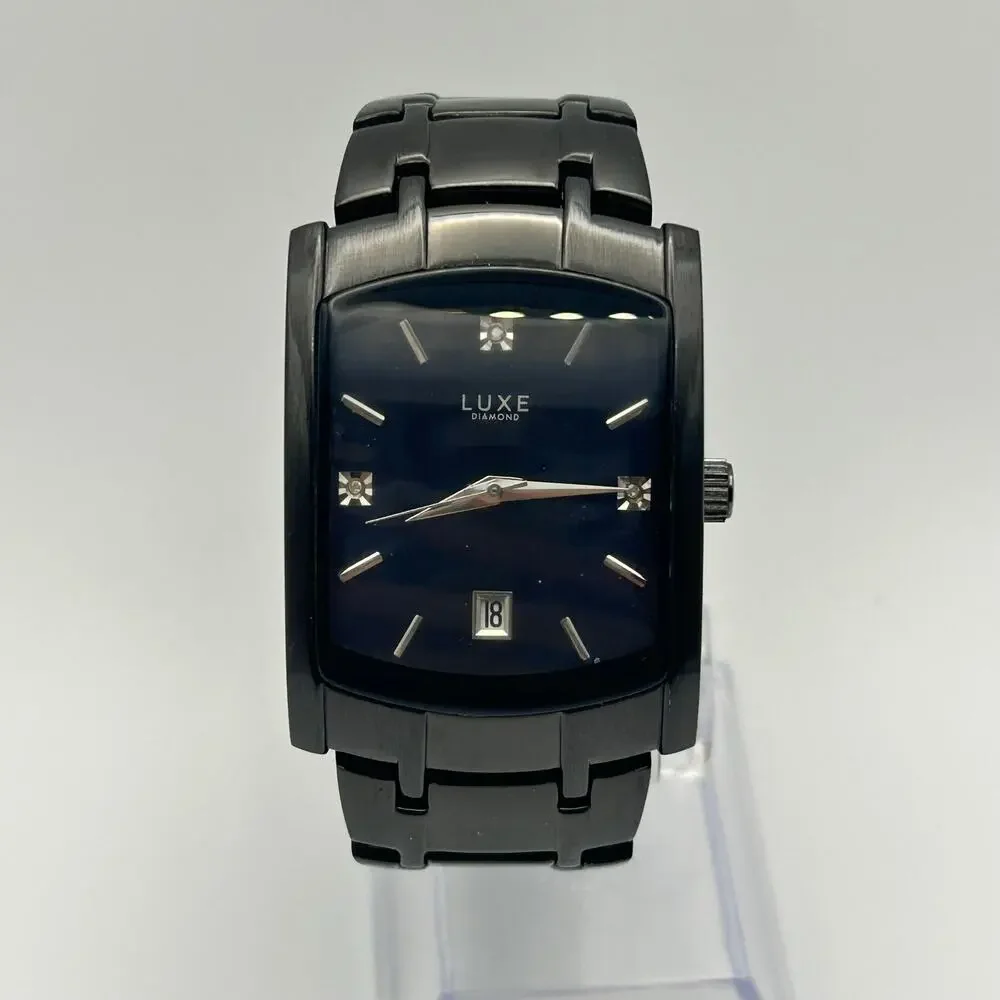 Luxe Men’s Diamond Watch Black Stainless Steel Working New Battery